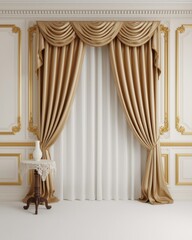 Elegant golden curtains with draped valance and white backdrop in a luxurious interior design