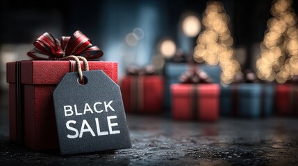 Gift box with black sale tag offering discounts during holiday shopping season, copy space