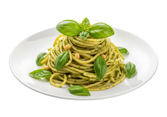 a plate of spaghetti with pesto sauce and basil isolated on transparent or white background. PNG
