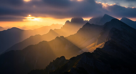 A breathtaking cinematic landscape photograph capturing a vast mountain range shrouded in morning mist at sunrise Warm golden light dramatically breaks through the heavy clouds emphasizing the scale a