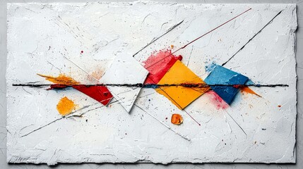 A textured abstract artwork features overlapping geometric shapes in red, yellow, and blue, with dynamic splashes and lines on a white textured surface.