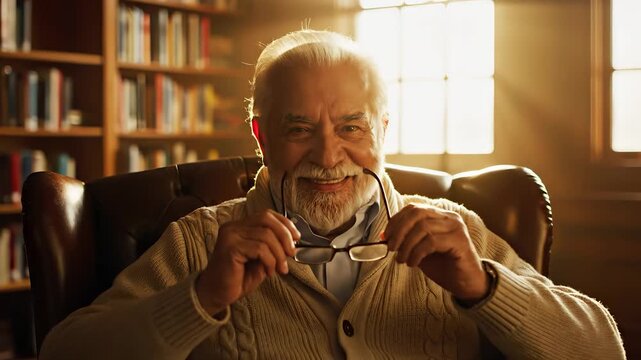 An elderly man sits thoughtfully in an armchair surrounded by bookshelves filled with literature. The warm light from the window highlights the man's relaxed demeanor in the cozy l