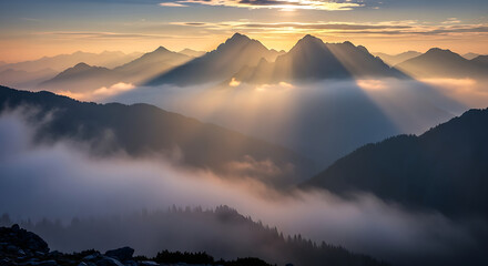 A breathtaking cinematic landscape photograph capturing a vast mountain range shrouded in morning mist at sunrise Warm golden light dramatically breaks through the heavy clouds emphasizing the scale a