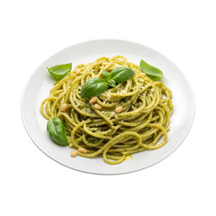 a plate of spaghetti with pesto sauce and basil isolated on transparent or white background. PNG
