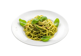 a plate of spaghetti with pesto sauce and basil isolated on transparent or white background. PNG
