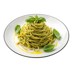 a plate of spaghetti with pesto sauce and basil isolated on transparent or white background. PNG
