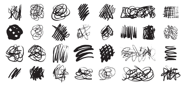 Hand drawn messy chaotic scribble lines collection. Brush freehand doodle scribbles on white background