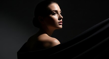 Close-up profile portrait of a beautiful woman with dramatic lighting against a dark background, showcasing elegance and mystery