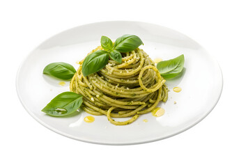 a plate of spaghetti with pesto sauce and basil isolated on transparent or white background. PNG
