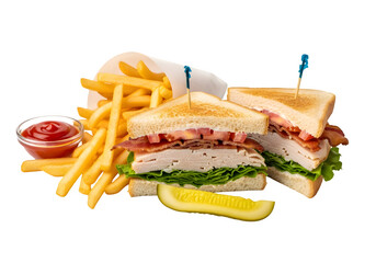 Club sandwich meal isolated on a transparent or white background. PNG
