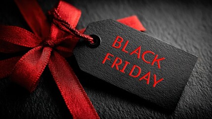 Black friday tag on red ribbon bow