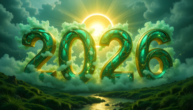 2026 green numbers floating in clouds over grassy landscape year future