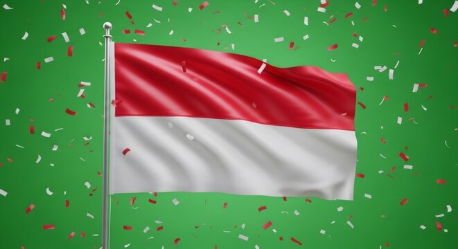 Monaco flag with falling confetti on green chromakey background. National celebration, independence day, anniversary concept. - Powered by Adobe