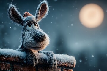 A humorous scene of a reindeer in a Santa hat stuck in a snowy chimney, legs dangling under a glowing full moon with cinematic blue night lighting and clear sky space for copy.