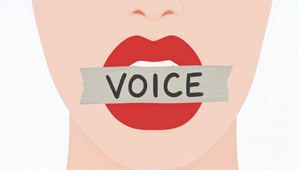 Artistic depiction of a woman's mouth with 'Voice' taped over, symbolizing freedom of speech.