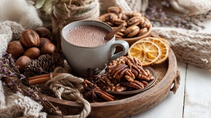 Warm beverage and assorted autumnal snacks are beautifully arranged on a rustic wooden tray
