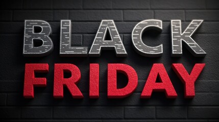 Black friday promotion sign with bold textured letters on black brick textured background