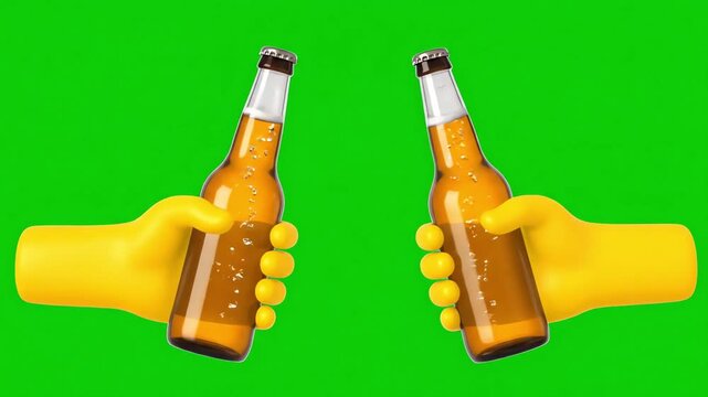 A celebratory toast with two beer bottles held by yellow cartoon emoji hands, isolated on a green screen for easy compositing and animation