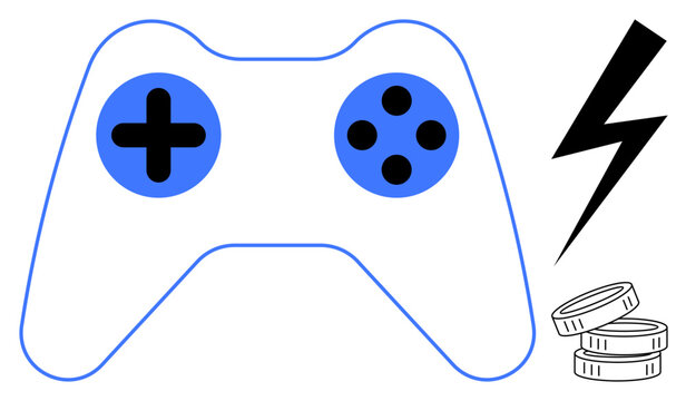 Blue and black gaming controller, coins, and lightning bolt. Ideal for gaming, esports, digital currency, tech innovation, virtual rewards competitive energy online entertainment. Simple flat