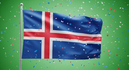 Iceland flag waving with confetti against a green screen. National day celebration on chromakey background for independence day.