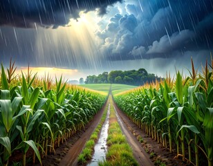 Cornfield in the rain with beams of light breaking through the clouds