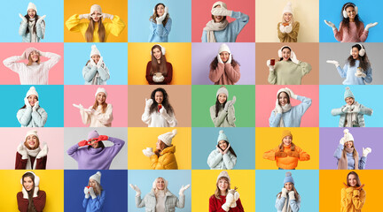 Set of women in stylish winter outfit on color background