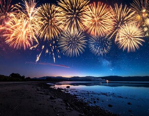 Stunning fireworks display over a calm beach scene at dusk