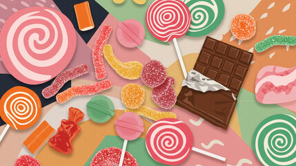A colorful and sweet background filled with a variety of candy, lollipops, and chocolate. A vibrant and playful illustration for party, dessert, or sweet themes.