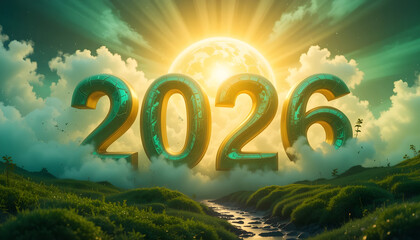 2026 numbers floating in clouds over green landscape with sun year