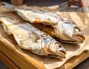 Delicious grilled fish on parchment paper, culinary delight and healthy meal