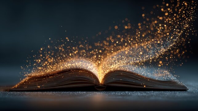Magical Open Book with Sparkling Light Particles in Dark Environment