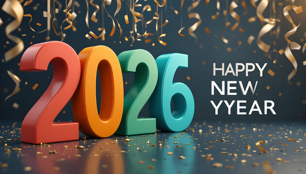 2026 numbers in red orange green blue with falling gold confetti and text year happy - Powered by Adobe