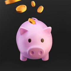 3D piggy bank icon with golden coins. Realistic vector design element of saving money and banking concept. Isolated on dark background