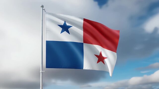 Panama flag waving proudly against a vibrant blue sky with fluffy clouds, representing patriotism