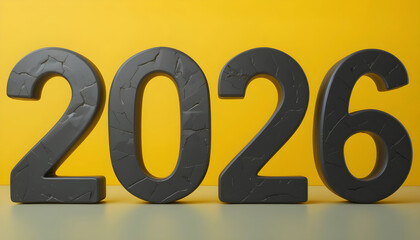 Dark gray cracked numbers 2026 on yellow background year numeral