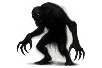 Shadow monster lurking forward, a scary dark creature with glowing eyes, eerie horror fantasy beast, transparent background