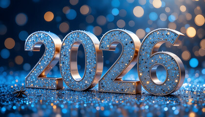 Glittering 2026 numbers with bokeh lights and starburst decoration year celebration