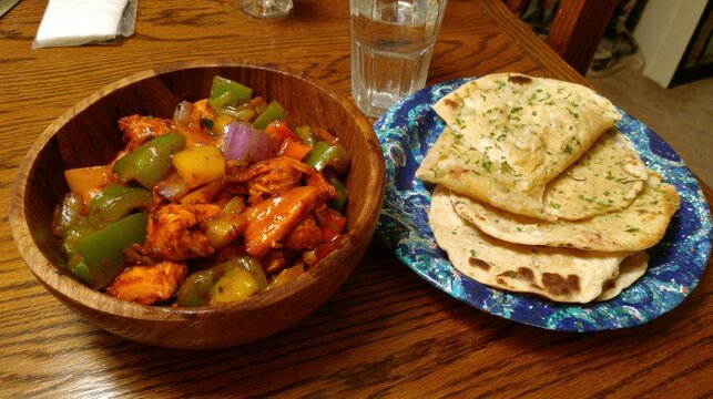 Savory stir fried poultry dish served alongside warm flatbread on a wooden table