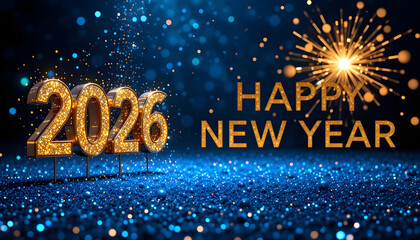 Golden 2026 Numbers and Happy New Year Text with Firework image
