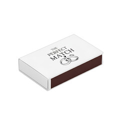 A romantic white matchbox with 'THE PERFECT MATCH' text and interlocked wedding rings, ideal for wedding favors, engagement announcements, anniversary gifts, bridal shower invitations,