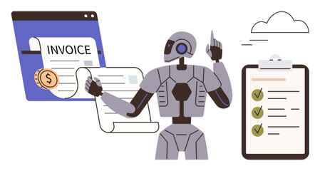 Robot managing invoices on a digital interface, displaying checklists, and enabling efficiency. Ideal for automation, finance, technology, efficiency, cloud management, innovation AI-driven