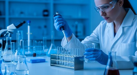 Laboratory technician pipetting liquid into test tubes under blue lighting showing scientific process