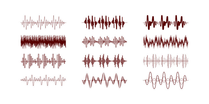Audio sound waves collection illustration on white background showing digital frequency patterns, perfect for music, podcast, voice technology, and sound analysis concept designs.