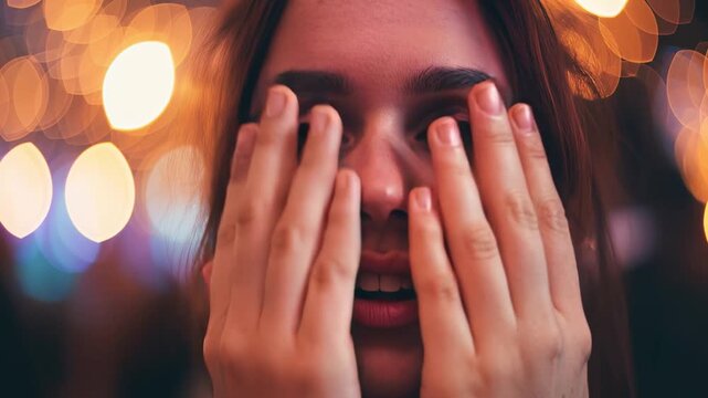 Girl struggling to breathe with panic attack in crowd