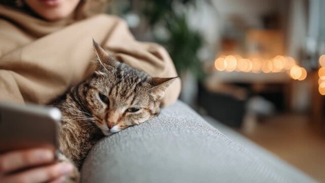 Woman relaxes on the sofa with her bored cat and smartphone