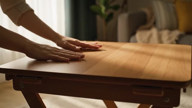 A person's hands touching a new wooden folding table in a cozy living room, a simple yet effective home improvement project for modern living