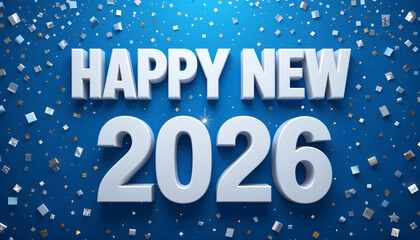 Happy New 2026 white text with silver confetti on blue background year celebration