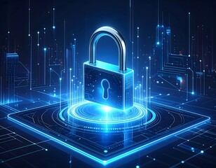 Digital Security A Glowing Padlock Protecting Data in a Futuristic Cityscape