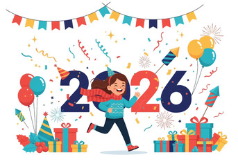 Festive 2026 new year celebration with happy girl, gifts and colorful party