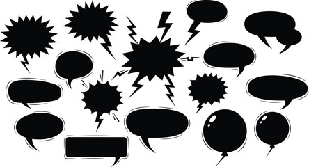 Diverse collection of black speech, explosion, and thought bubbles with lightning bolts, isolated on white background